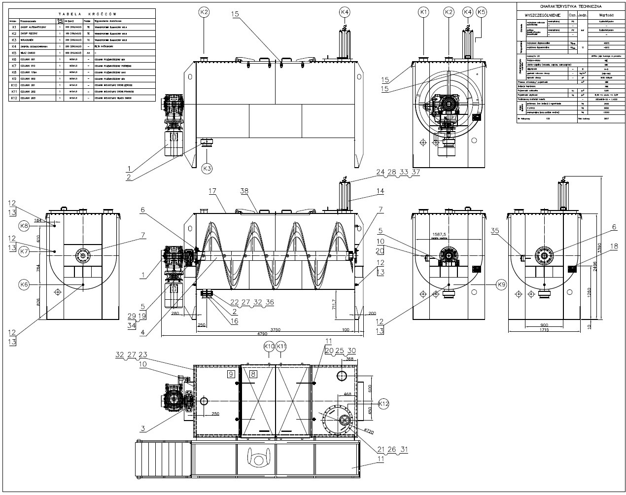 Rzut techniczny mieszalnika przemysłowego z wymiarami, detalami konstrukcyjnymi i tabelą kroćców. Schemat zawiera przekroje i widoki z różnych perspektyw.