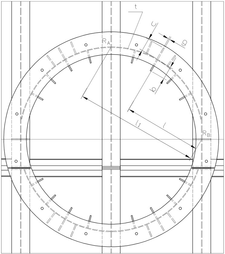 Techniczny rysunek detali konstrukcji stalowej z wymiarami i oznaczeniami, przedstawiający okrągły element z prętami. Widok z góry, białe tło.