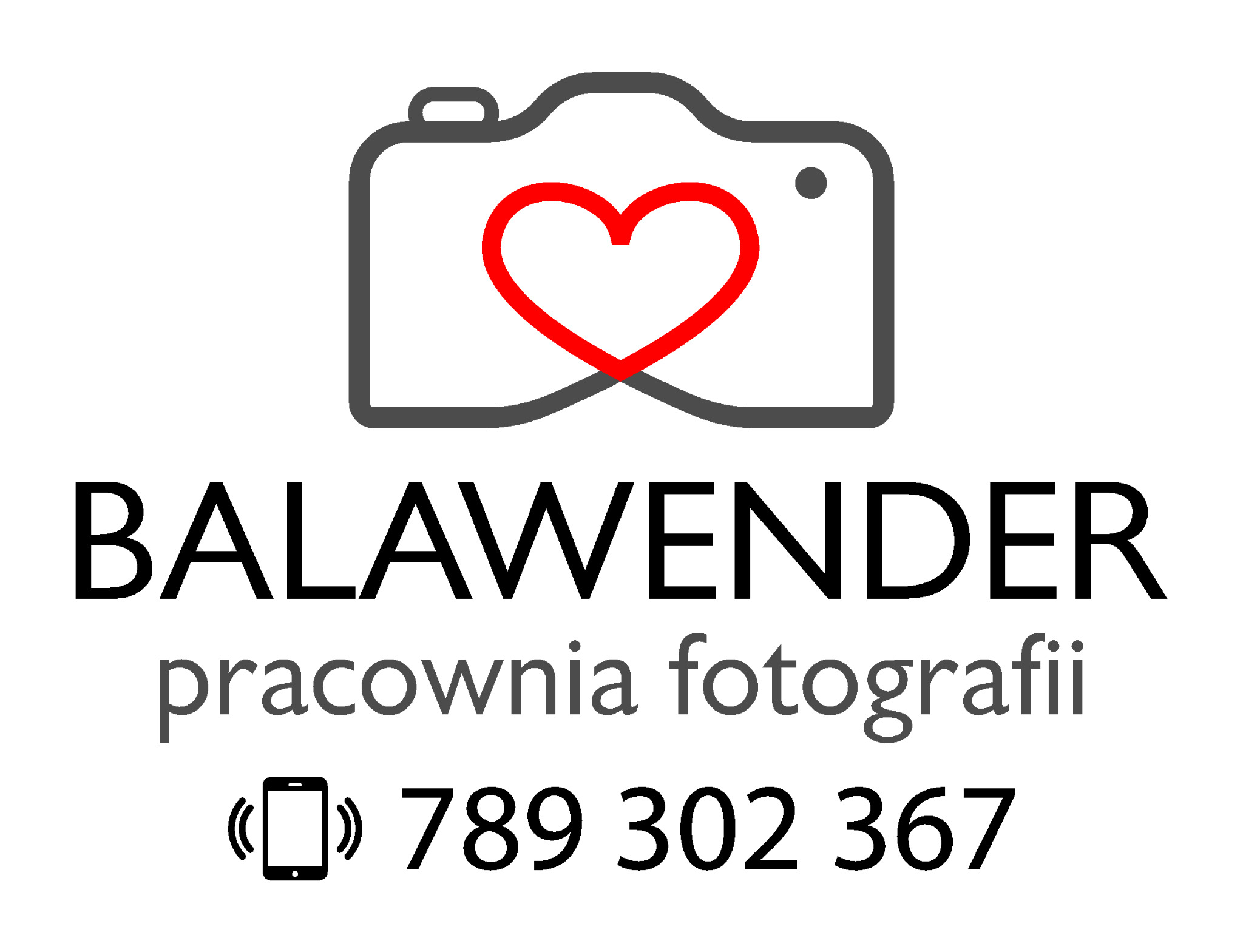 Logo pracowni fotografii Balawender z motywem aparatu i czerwonego serca, numer telefonu.