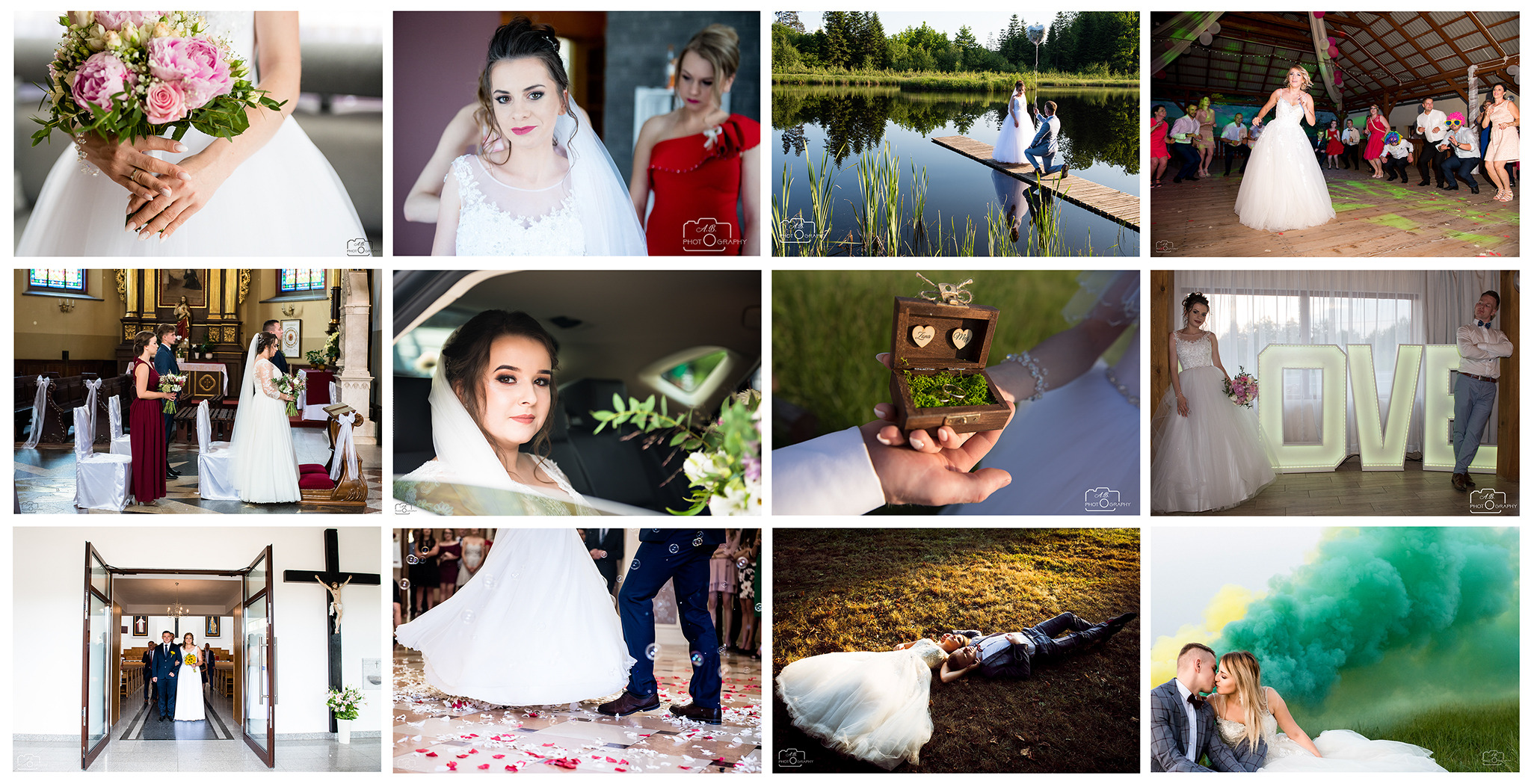 Kolaż zdjęć ślubnych: bukiet różowych piwonii w dłoniach panny młodej, przygotowania wizażystki, para na pomoście nad jeziorem, taniec weselny, ceremonia w kościele, portret panny młodej...