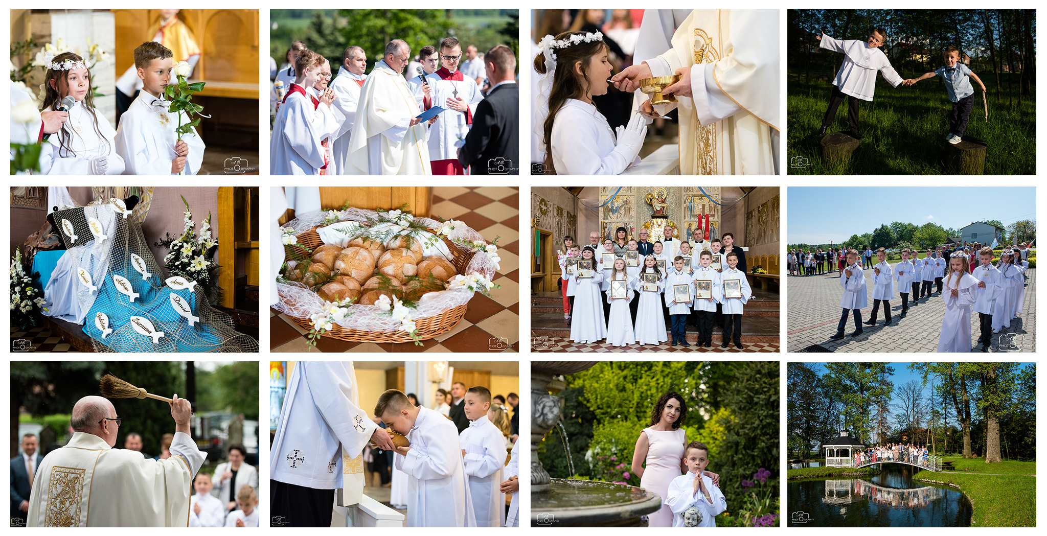 Kolaż zdjęć z uroczystości Pierwszej Komunii Świętej: dzieci w białych strojach podczas ceremonii w kościele, procesji oraz na pamiątkowych fotografiach plenerowych. Widoczne dekoracje kościelne...