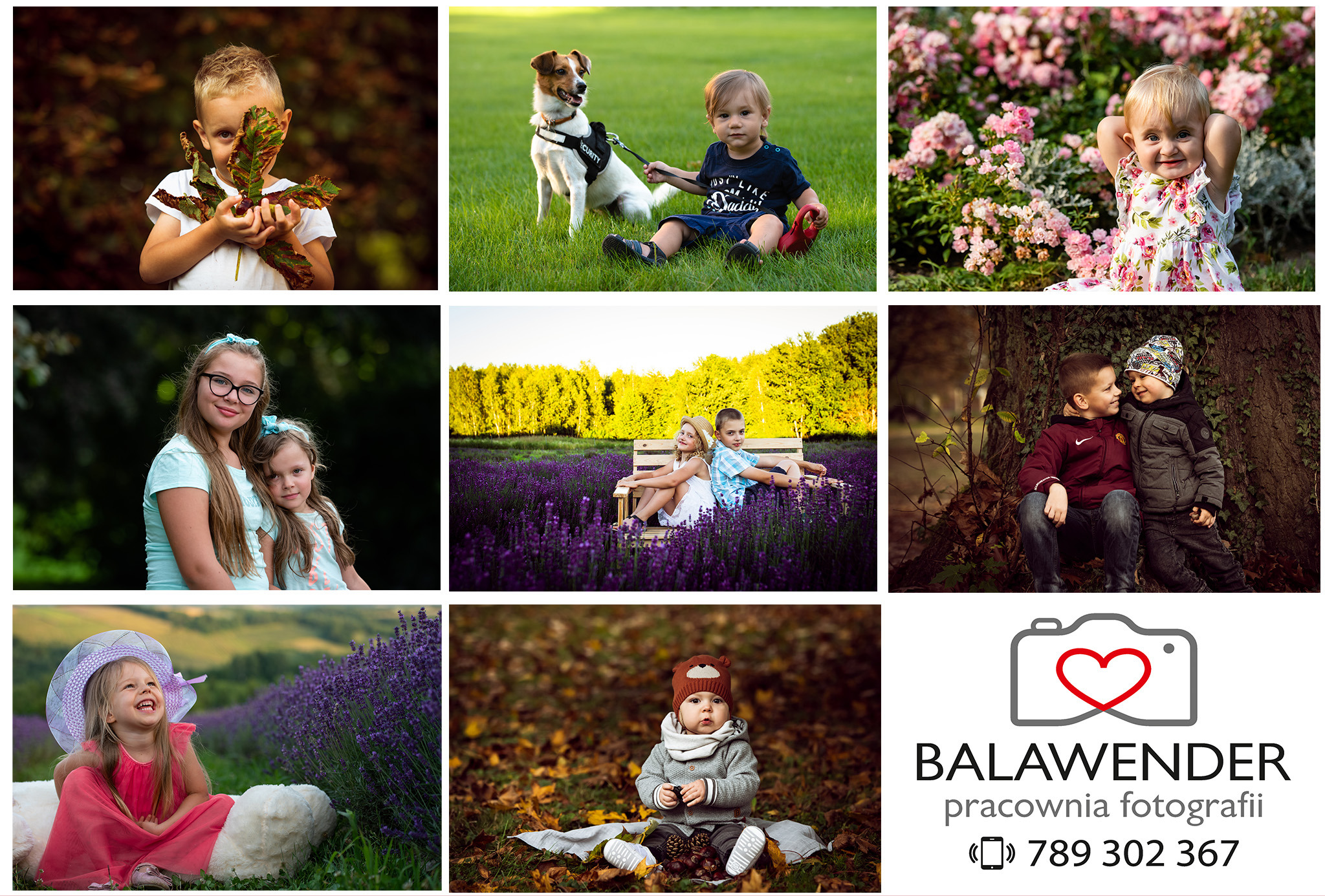 Kolaż z różnorodnych ujęć dzieci: chłopiec z liściem, dziecko z psem na trawie, dziewczynka wśród różowych kwiatów, siostry, dzieci siedzące na ławce w lawendzie, chłopcy opierający się o drzewo...