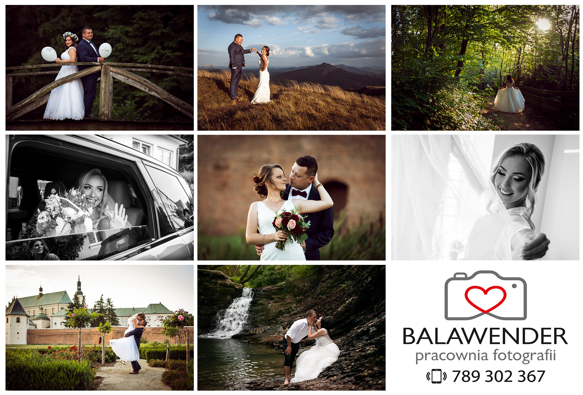 Kolaż z dziewięciu zdjęć przedstawiających pary w sukniach ślubnych i garniturach w różnych sceneriach: na drewnianym mostku z balonami, na szczycie góry, w lesie, w samochodzie, przed ceglanym...