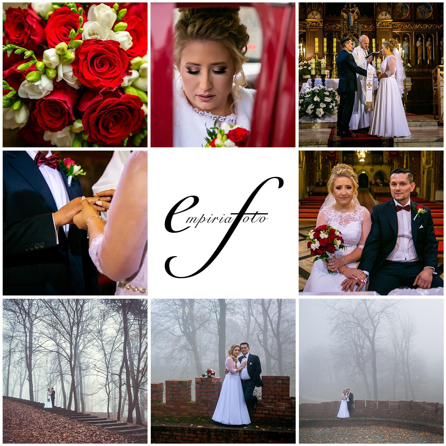 Kolaż zdjęć ślubnych: bukiet czerwonych róż, panna młoda w samochodzie, ceremonia w kościele, wymiana obrączek, para młoda siedząca w kościele, para na schodach w parku we mgle, para oparta...