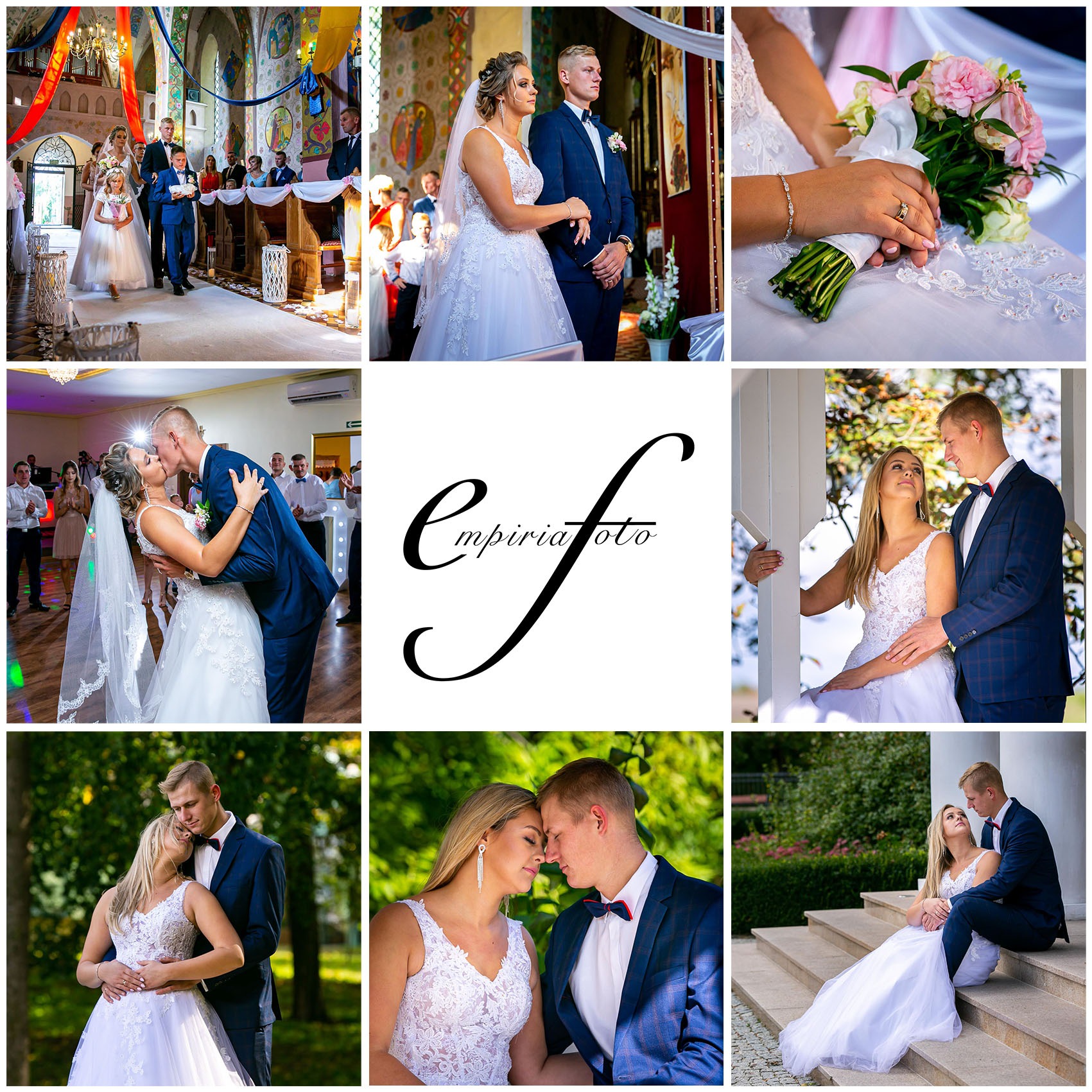 Kolaż z sesji ślubnej: ceremonia w kościele, pierwszy taniec, bukiet panny młodej i portrety pary w plenerze, z centralnie umieszczonym logo fotografa.