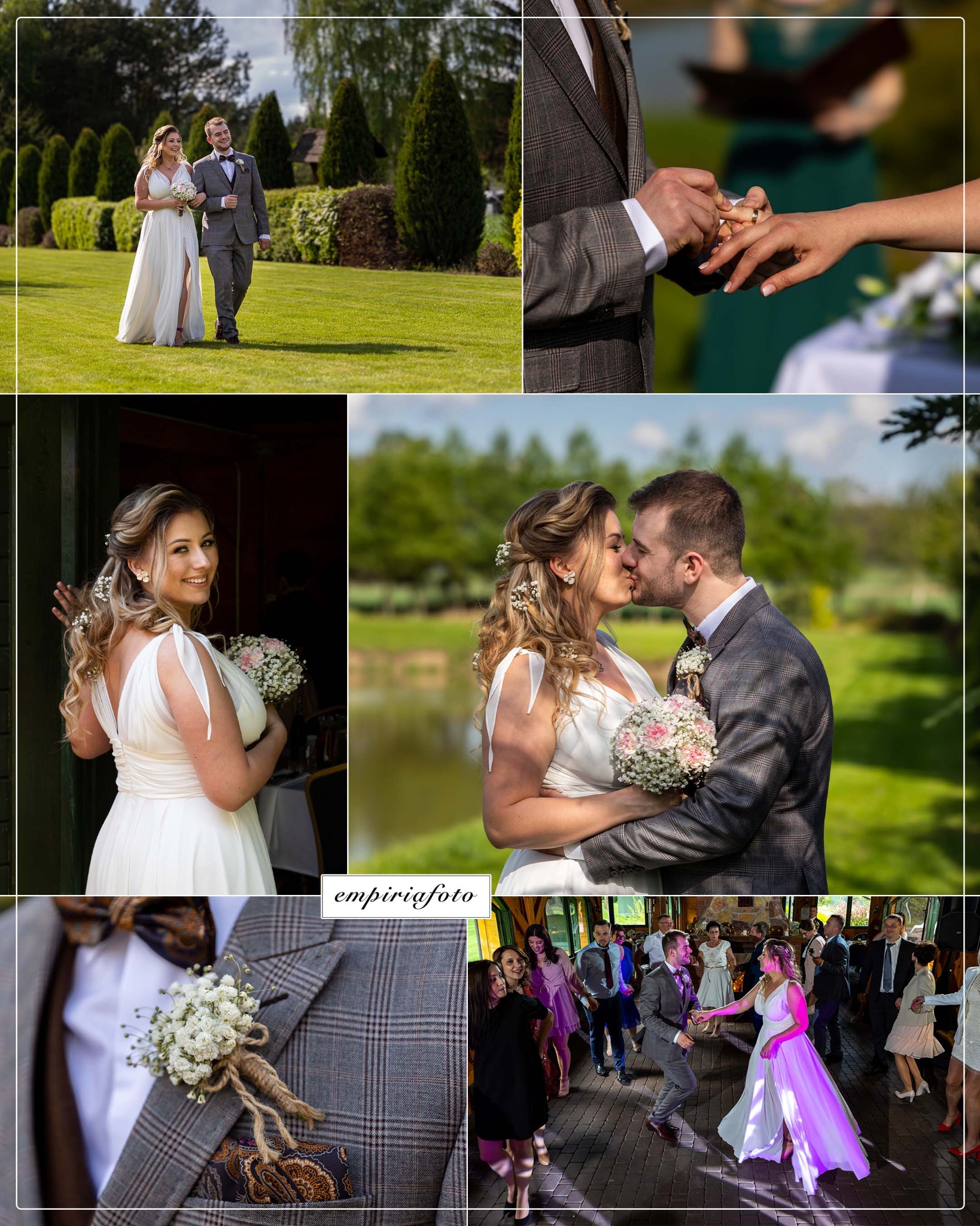 Kolaż z wesela: para młoda spacerująca po trawniku, wymiana obrączek, uśmiechnięta panna młoda z bukietem, pocałunek pary młodej na tle jeziora, butonierka pana młodego, para tańcząca na parkiecie.