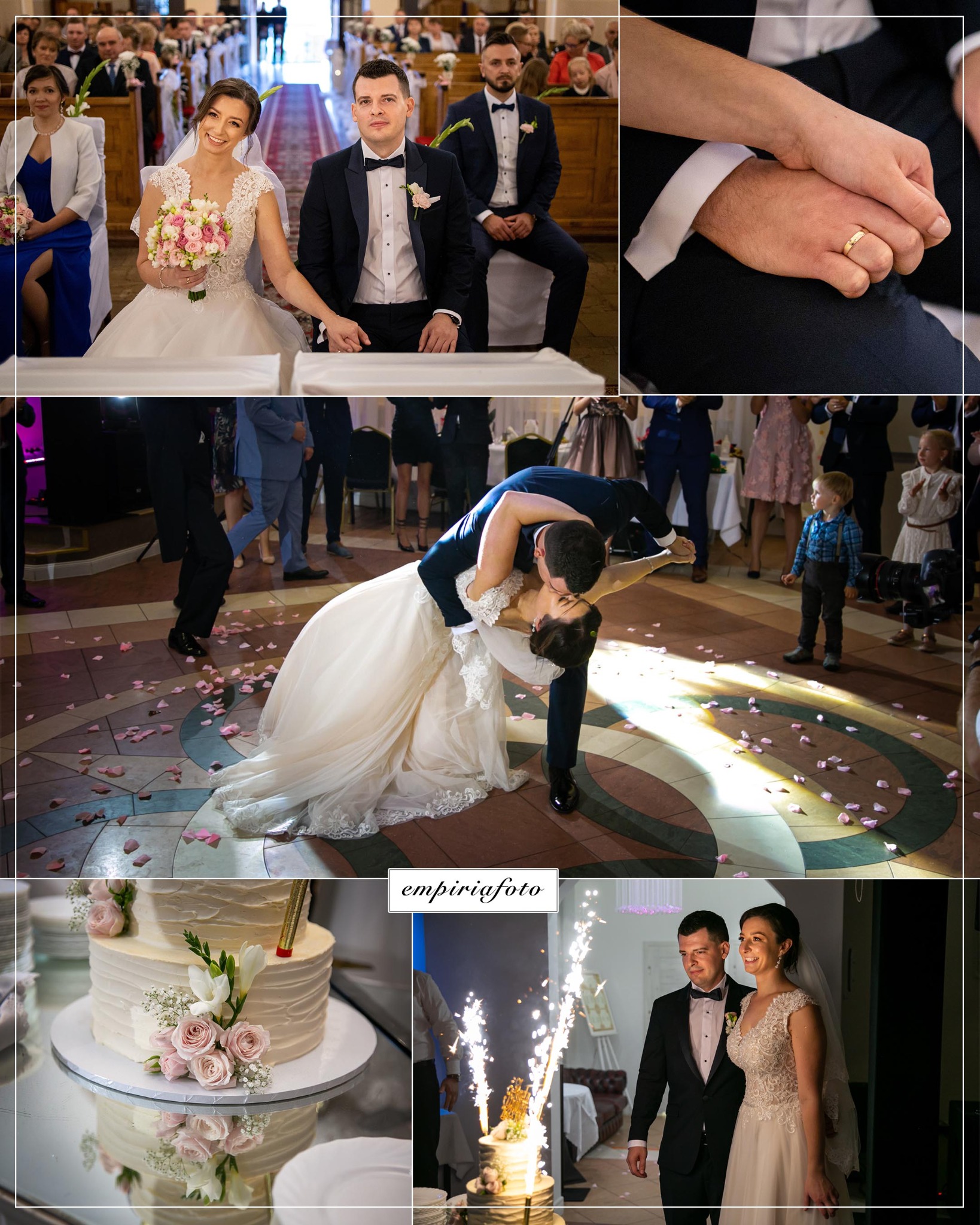 Kolaż z uroczystości ślubnej: ceremonia w kościele, taniec nowożeńców na parkiecie z płatkami róż, zbliżenie dłoni z obrączką, tort weselny z fontannami iskier.