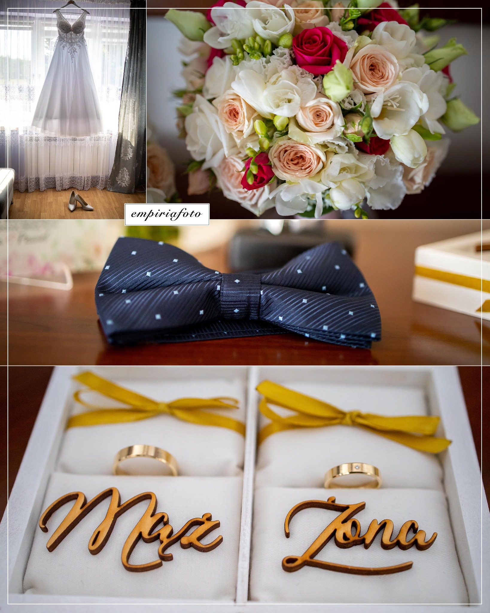 Kolaż ze zdjęć detali ślubnych: suknia wisząca przy oknie, bukiet z różowych i białych kwiatów, granatowa mucha w białe kropki oraz pudełko z obrączkami i drewnianymi napisami 'Mąż' i 'Żona'.