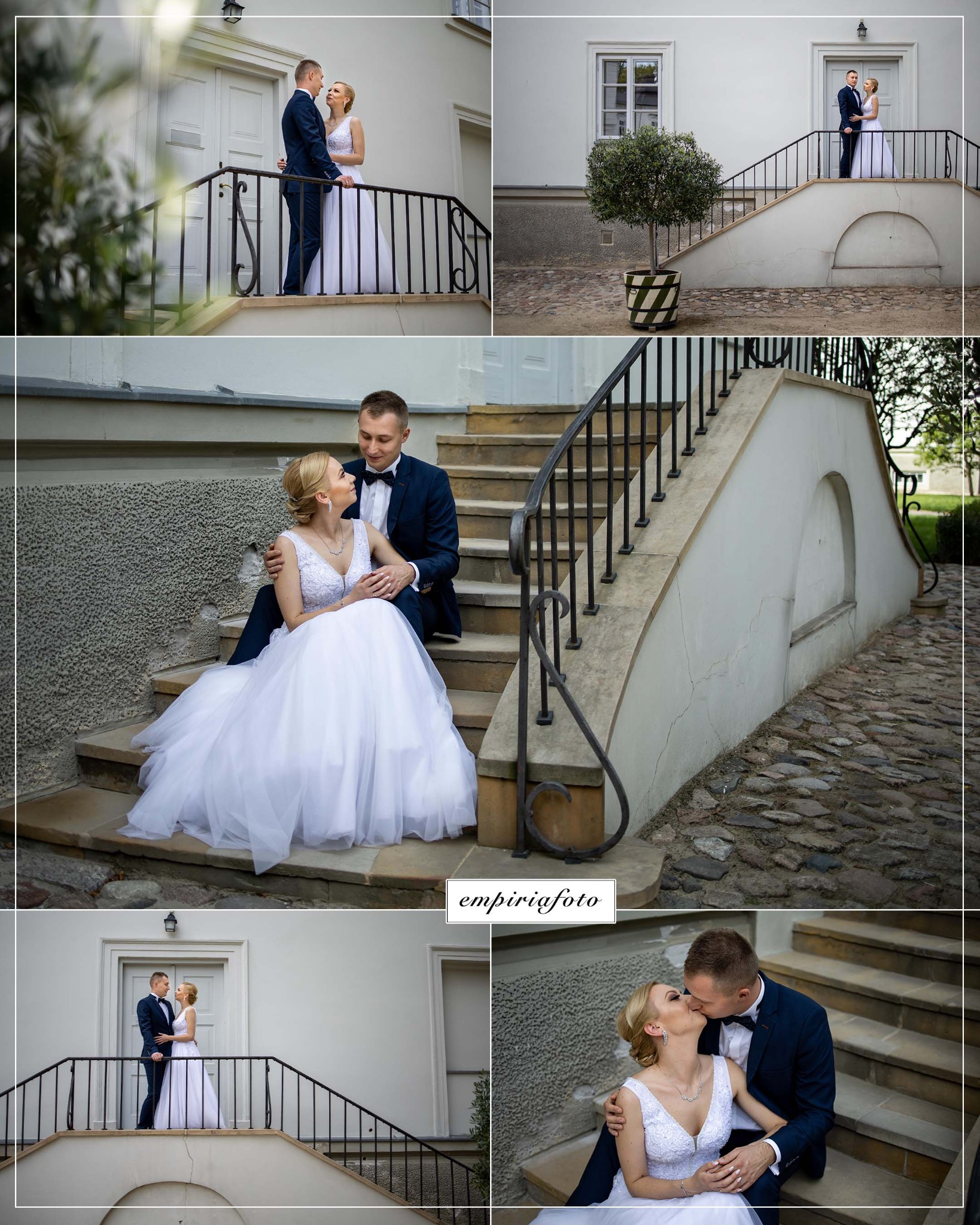 Para młoda w eleganckich strojach pozuje na schodach przed budynkiem z białymi ścianami i kutą balustradą, różne ujęcia z bliska i z dalszej perspektywy.