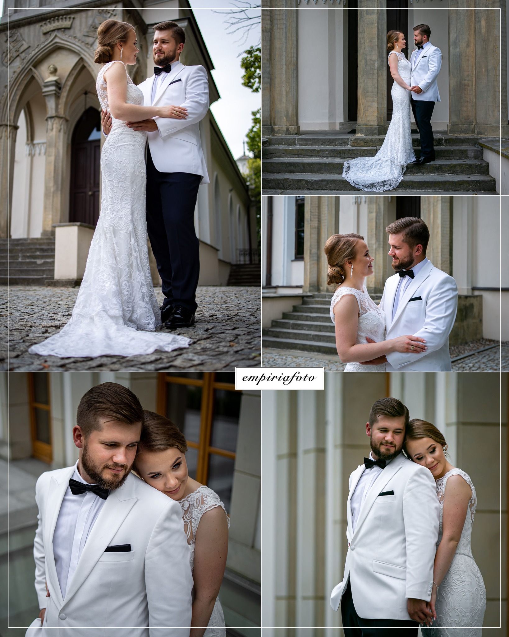 Kolaż zdjęć pary młodej w białych strojach na tle architektury sakralnej, z różnymi ujęciami: pełna sylwetka, zbliżenia na twarze i detale ubioru.