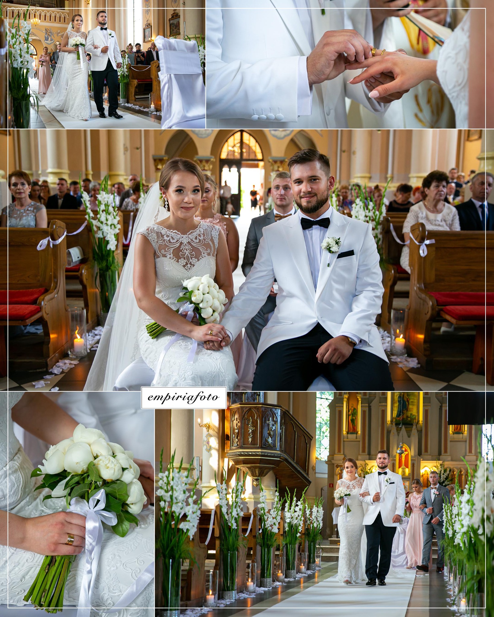 Kolaż ze ślubu w kościele: para młoda idzie do ołtarza, zbliżenie na dłonie podczas zakładania obrączki, para siedzi w ławce, zbliżenie na bukiet panny młodej.