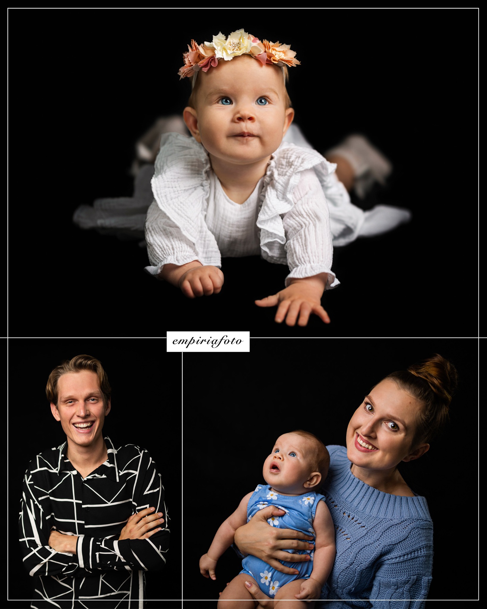 Kolaż portretowy: niemowlę z wiankiem na głowie leżące na brzuchu, uśmiechnięty mężczyzna w geometrycznej koszuli oraz matka trzymająca dziecko na rękach, na czarnym tle.