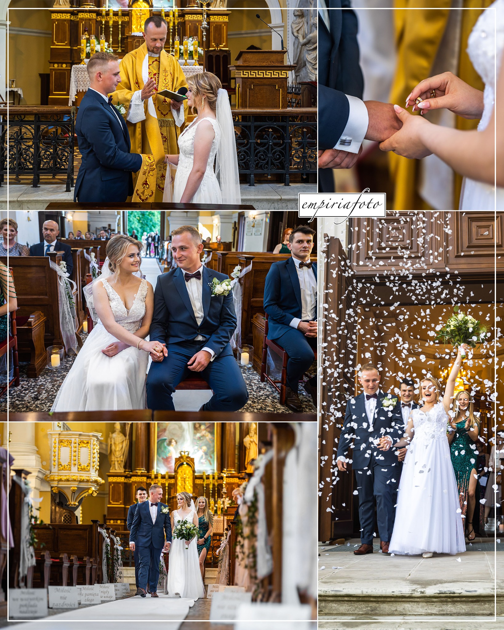 Kolaż z ujęć ślubnych: ceremonia w kościele, wymiana obrączek, para siedząca w ławce, wyjście z kościoła w deszczu konfetti, pochód przez kościół po białym dywanie.
