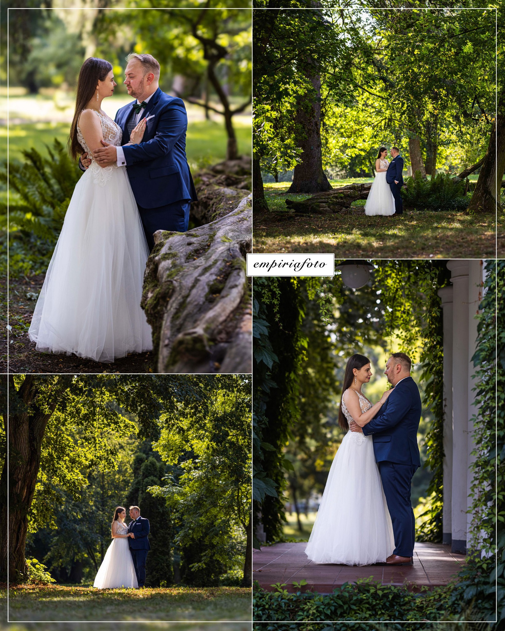 Kolaż zdjęć pary młodej w plenerze: panna młoda w białej sukni z koronkową górą, pan młody w granatowym garniturze z zieloną muchą, ujęcia w parku z drzewami i roślinnością, para przy kolumnach...