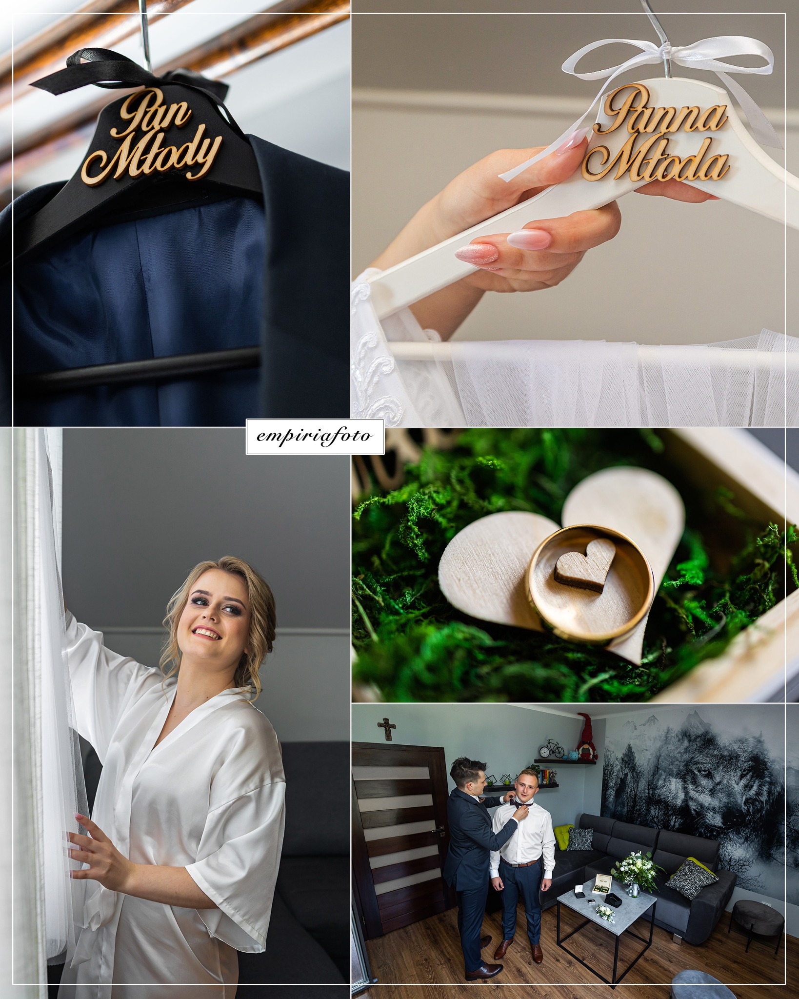 Kolaż ze zdjęć ślubnych: garnitur na wieszaku z napisem 'Pan Młody', suknia na wieszaku z napisem 'Panna Młoda', uśmiechnięta panna młoda w szlafroku, obrączki w pudełku z mchem i pan młody...