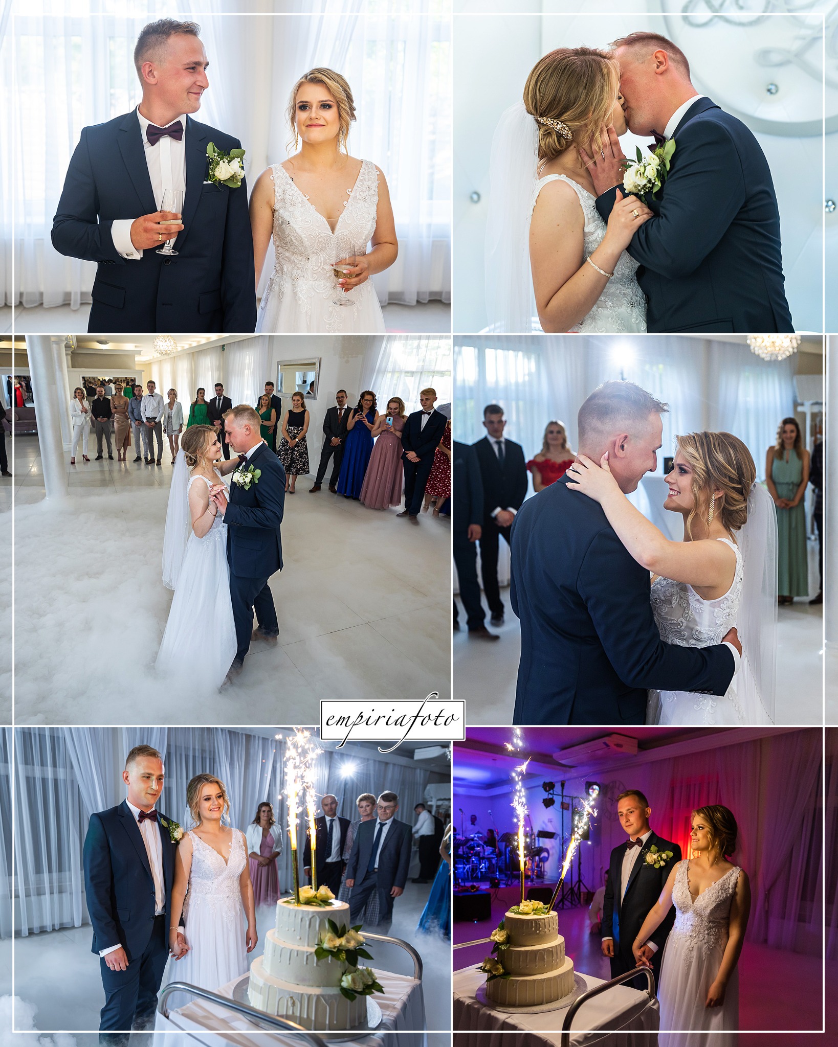 Kolaż zdjęć z uroczystości ślubnej: para młoda z szampanem, pocałunek, pierwszy taniec w dymie, krojenie tortu z fontannami iskier.