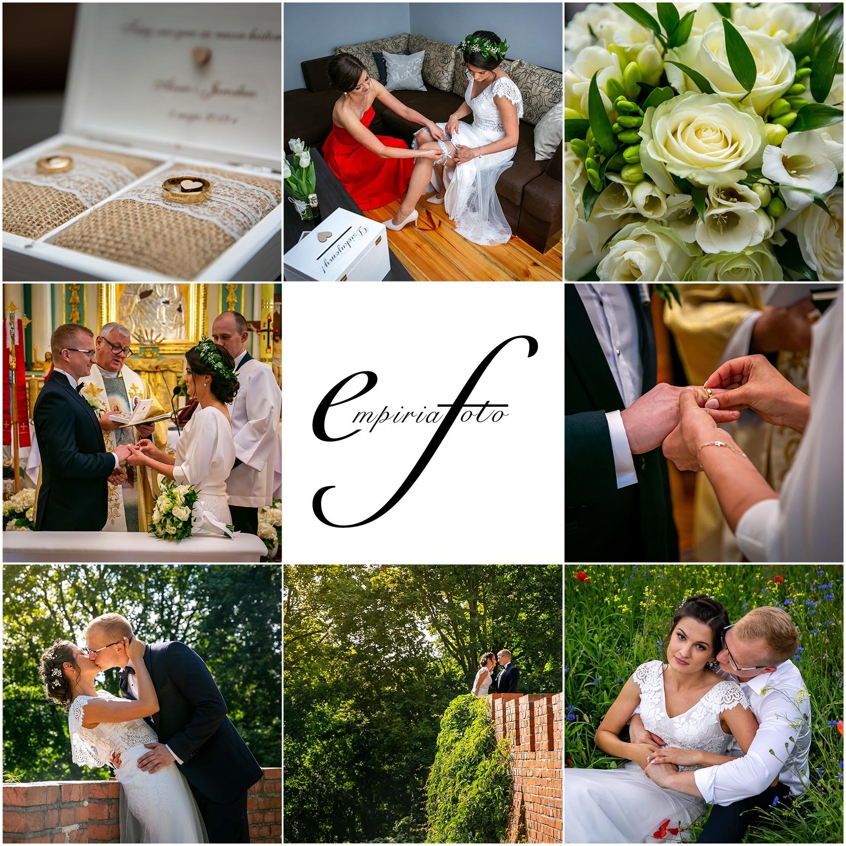 Kolaż zdjęć ślubnych: obrączki w pudełku, panna młoda z druhną, bukiet, ceremonia w kościele, zbliżenie zakładania obrączki, pocałunek na tle ceglanej ściany, para na tle zieleni, para na łące...