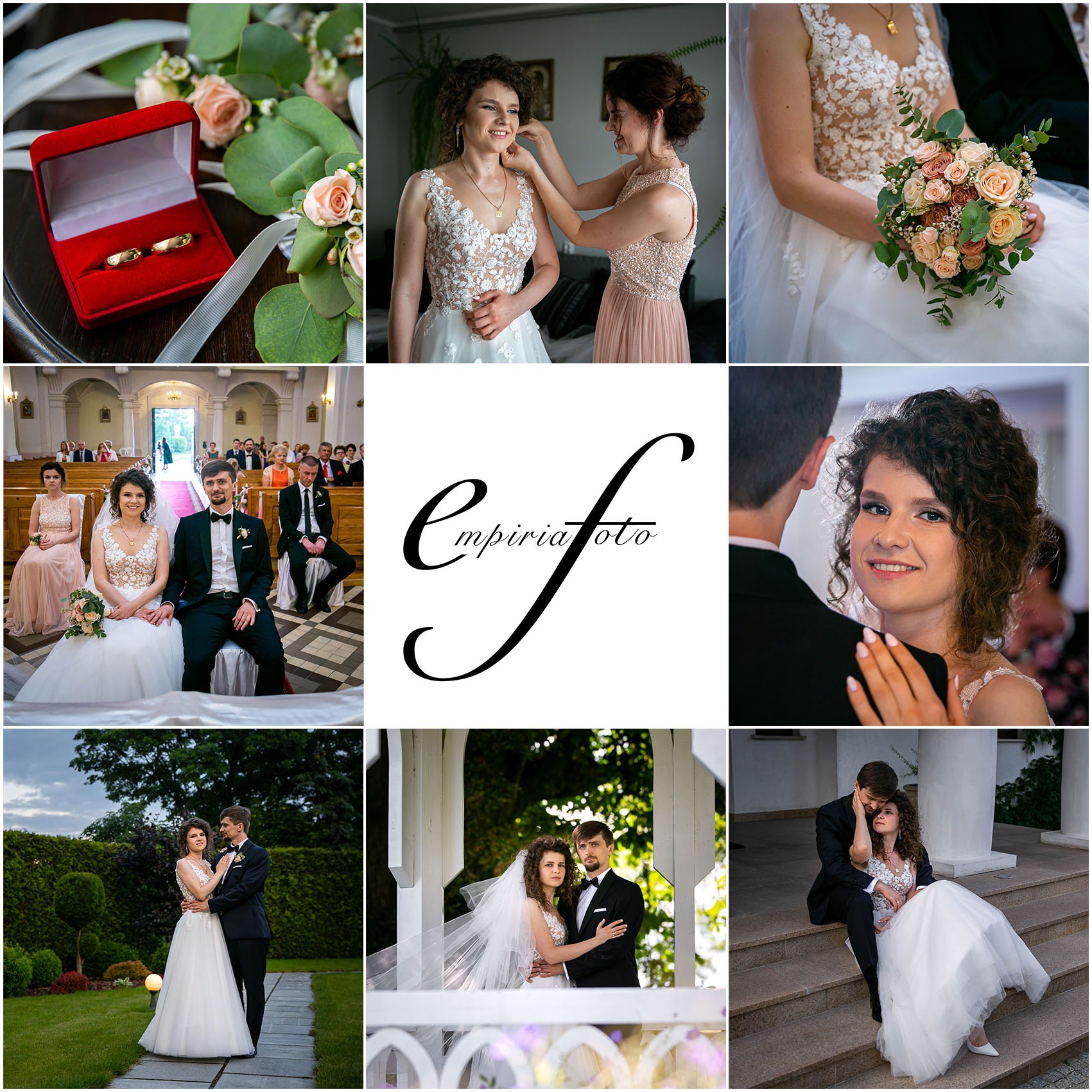 Kolaż z różnych ujęć ślubnych: zbliżenie obrączek w czerwonym pudełku, panna młoda podczas przygotowań, para młoda z bukietem, zdjęcie z ceremonii w kościele, logo fotografa, portret panny młodej...