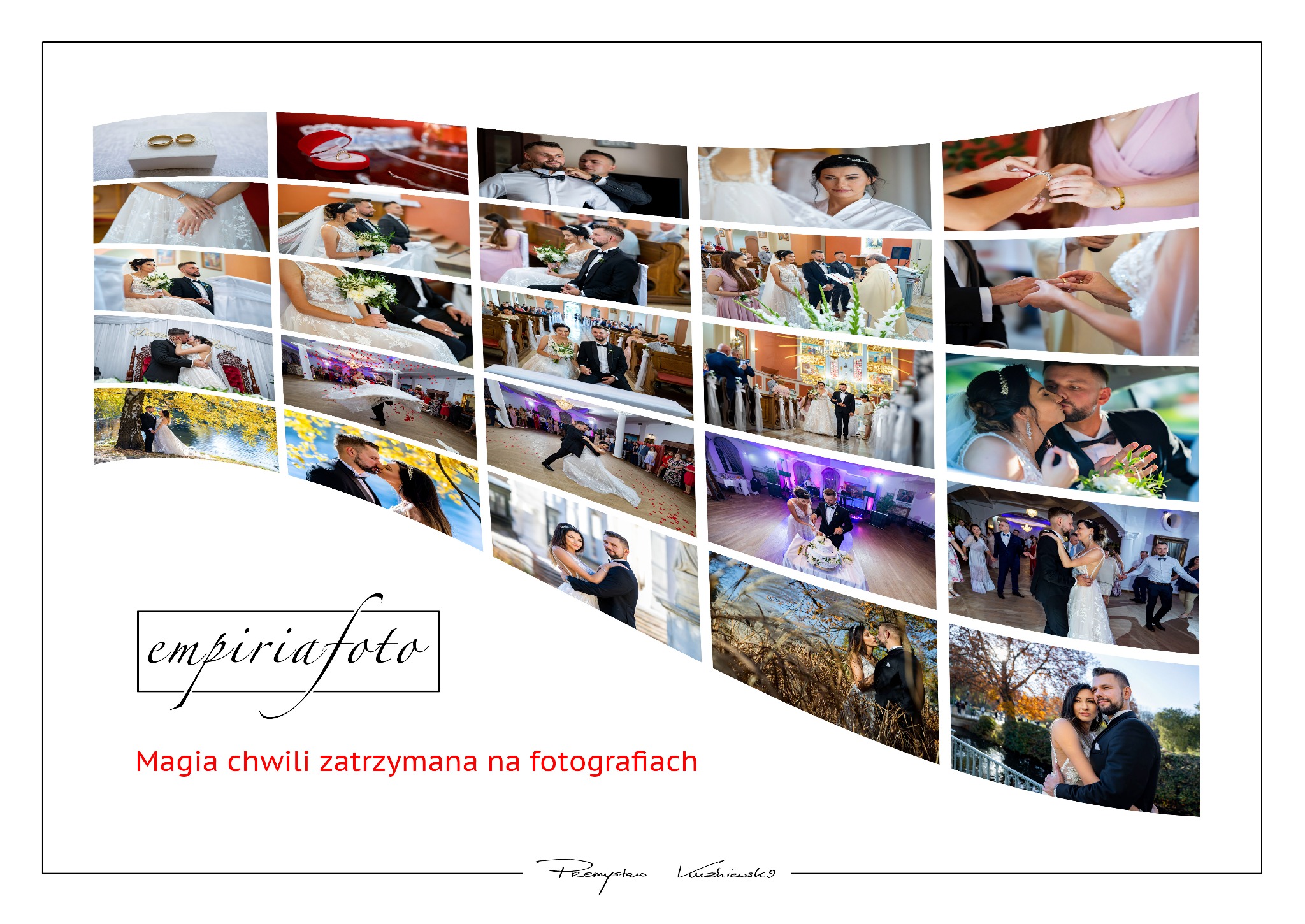 Kolaż zdjęć z różnych momentów ślubu i wesela, prezentujący obrączki, przygotowania, ceremonię, pocałunki i taniec, z logo fotografa 'empiriafoto' i hasłem 'Magia chwili zatrzymana na fotografiach'.