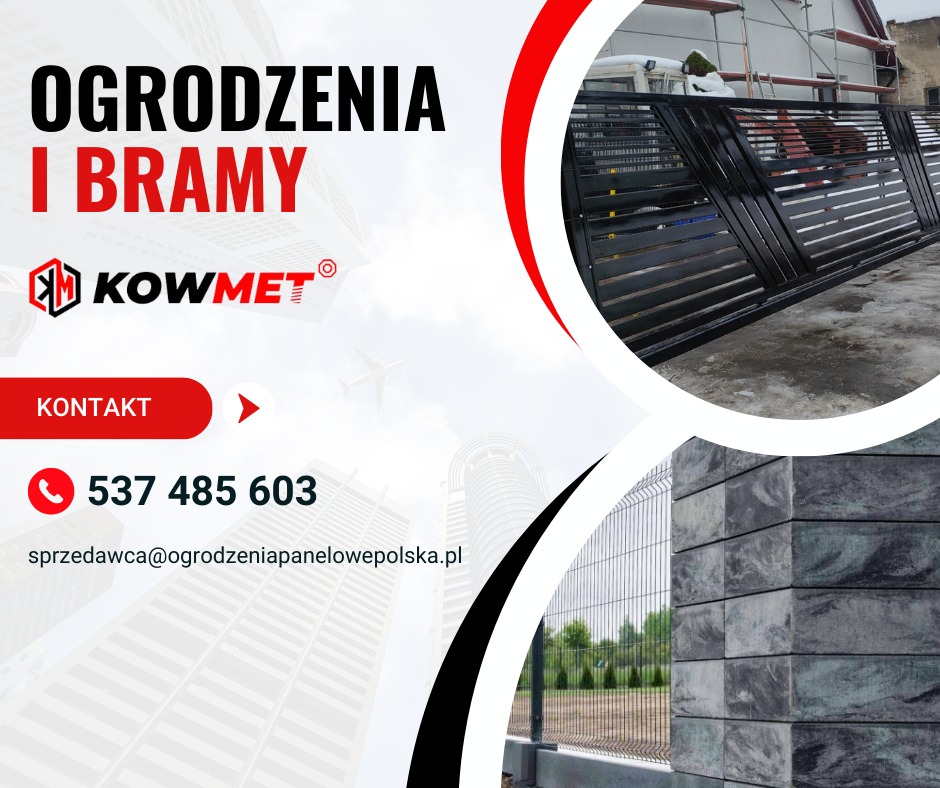Grafika reklamowa firmy Kowmet prezentująca czarną, poziomą bramę przesuwną i fragment siatki ogrodzeniowej z betonową podmurówką na tle miejskiego krajobrazu, z numerem telefonu i adresem e-mail.