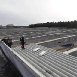 Montaż prefabrykowanych elementów konstrukcyjnych dachu hali przemysłowej; pracownicy w odzieży ochronnej na tle lasu i pochmurnego nieba.