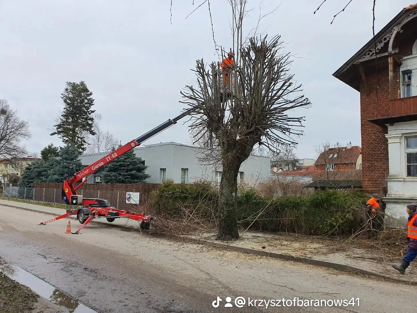 Pracownik w pomarańczowym kombinezonie w koszu podnośnika Genie TT-40, przycina gałęzie drzewa w pobliżu budynku mieszkalnego, z drugim pracownikiem w kamizelce odblaskowej zbierającym gałęzie...