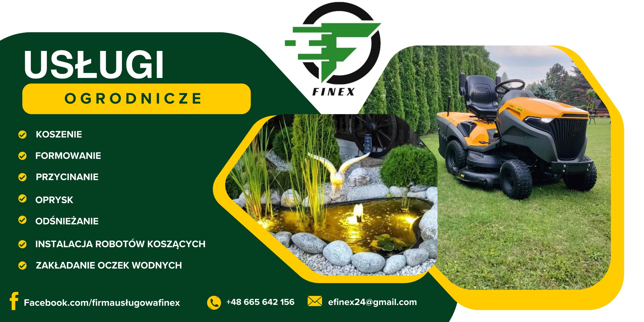 Grafika reklamowa firmy Finex świadczącej usługi ogrodnicze, prezentująca kosiarkę traktorową STIGA na trawniku oraz oczko wodne z fontanną i figurką ptaka, z logo firmy w górnej części.