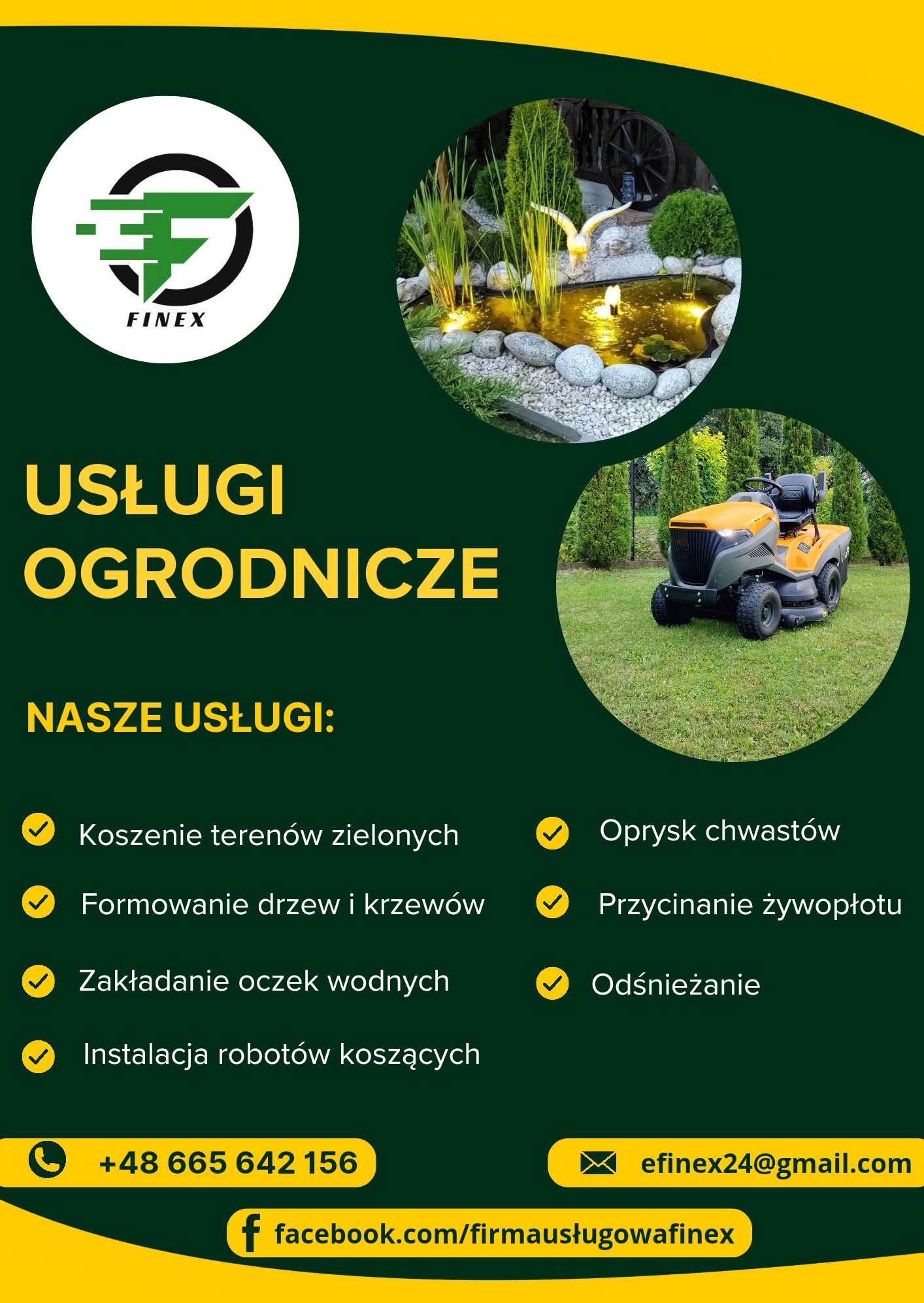 Grafika reklamowa firmy ogrodniczej Finex prezentująca logo, oczko wodne z roślinnością i oświetleniem oraz nowoczesny traktorek do trawy na tle zielonego trawnika.