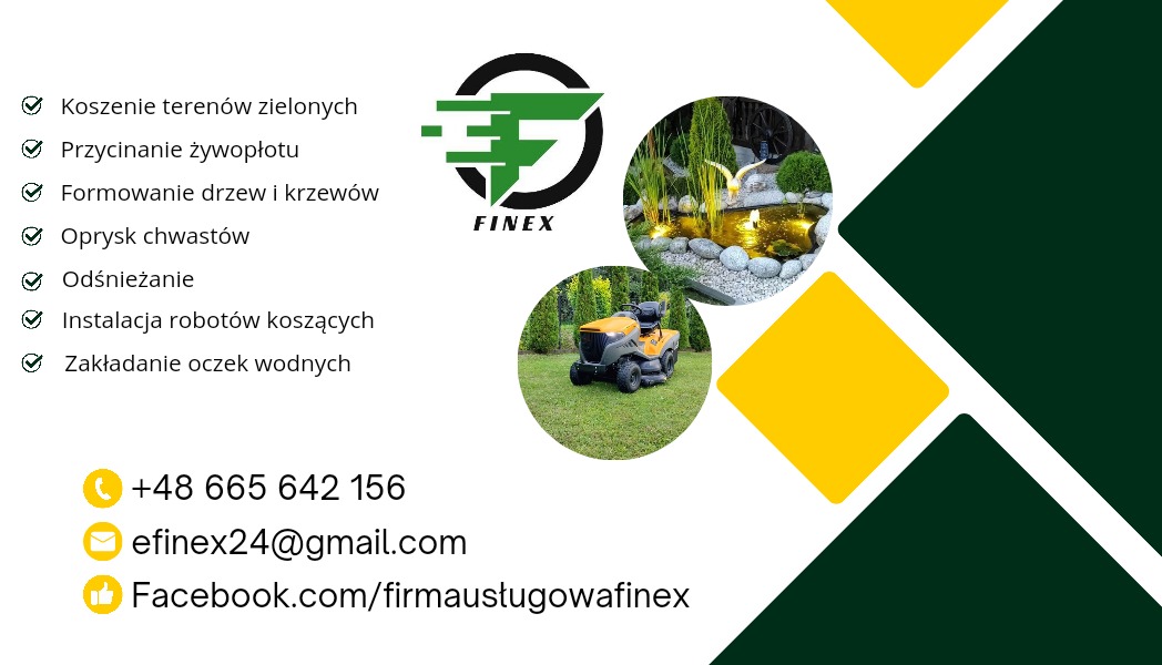 Grafika reklamowa firmy ogrodniczej Finex z logo, listą usług (m.in. koszenie terenów zielonych, przycinanie żywopłotu, formowanie drzew i krzewów, oprysk chwastów, odśnieżanie, instalacja robotów...
