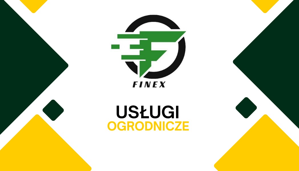 Logo firmy Finex świadczącej usługi ogrodnicze, z zielonym symbolem graficznym w czarnym okręgu, nazwa firmy poniżej i napis 'Usługi Ogrodnicze' w kolorach czarnym i żółtym na białym tle, otoczone...