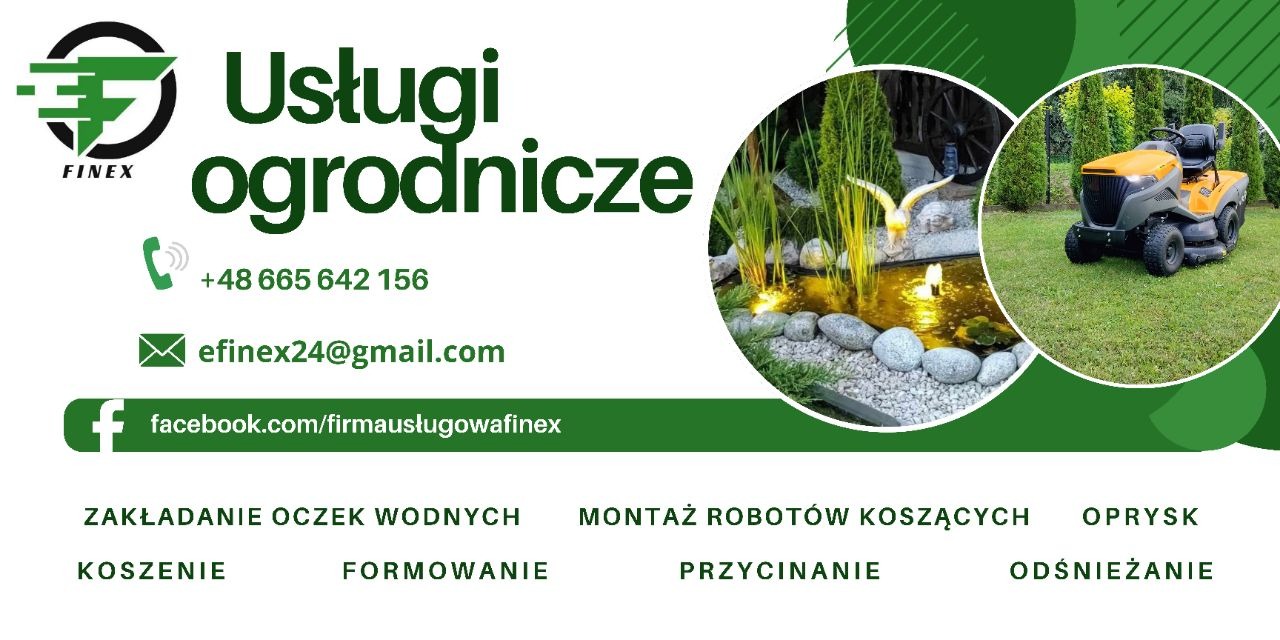 Grafika reklamowa firmy ogrodniczej Finex prezentująca oczko wodne z fontanną i rzeźbą ptaka oraz kosiarkę traktorek na trawniku, wraz z danymi kontaktowymi i zakresem usług.