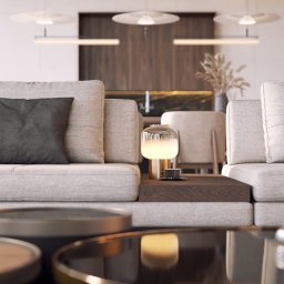 Cooper Estate Sp. z o .o. - Jasnoszara sofa modułowa z ciemnoszarą poduszką, stolik kawowy z dekoracyjnymi szklanymi figurkami, oświetlenie punktowe i lampka nocna w nowoczesnym salonie.