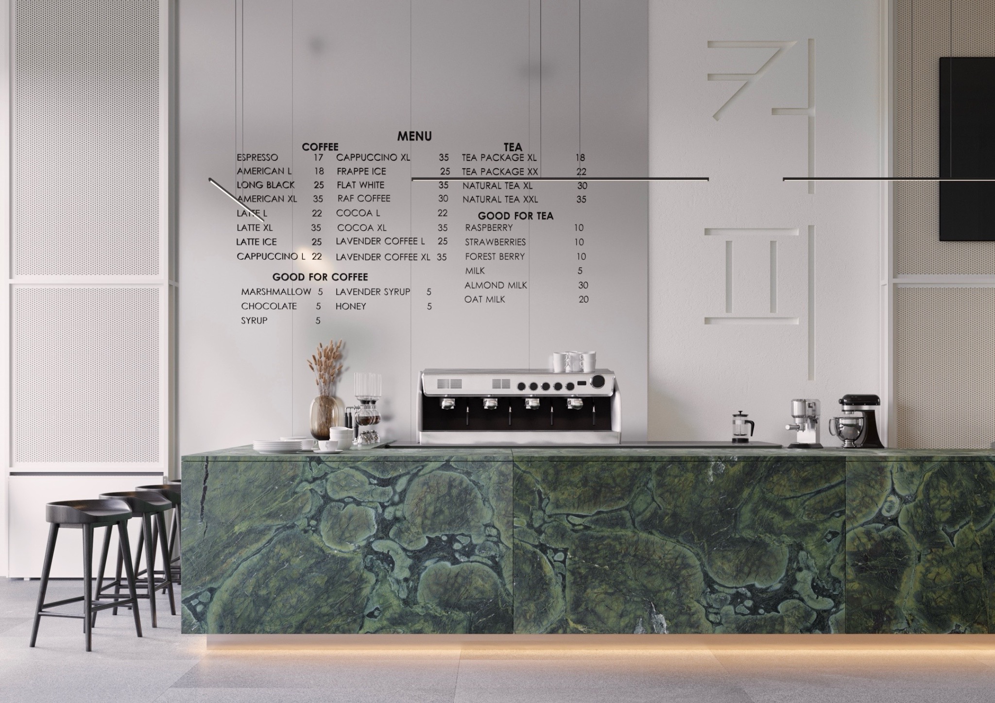 Wnętrze kawiarni z marmurowym blatem, ekspres do kawy i menu z kawami i herbatami.