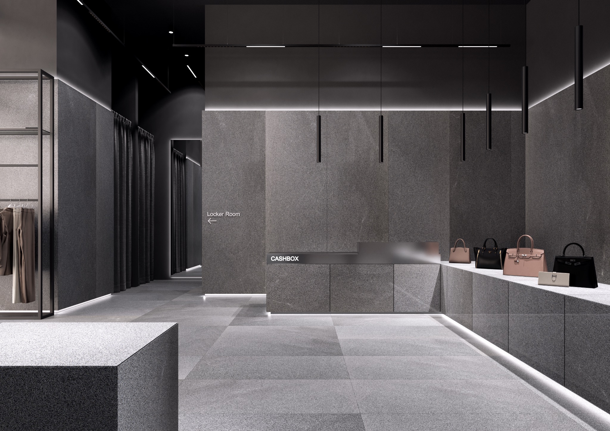 Wnętrze butiku odzieżowego w odcieniach szarości z minimalistycznym oświetleniem, wyeksponowanymi torebkami i wskazówką do przymierzalni.