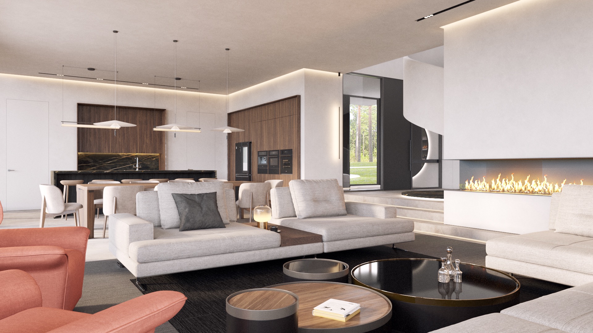 Nowoczesne wnętrze: przestronny salon z kominkiem, szarymi sofami, drewnianymi stolikami kawowymi i otwartą kuchnią z wyspą, oświetlone wiszącymi lampami.