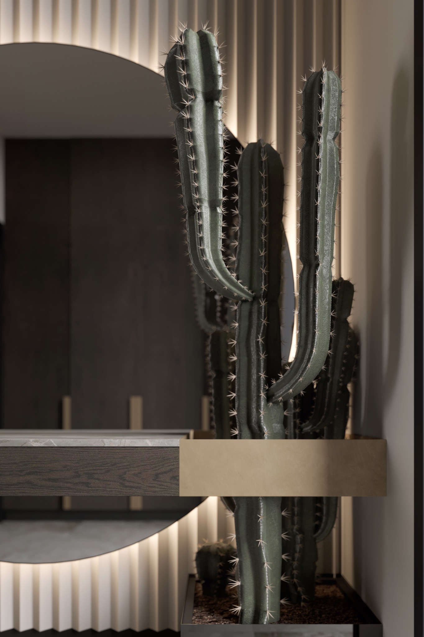 Kaktus Cereus w nowoczesnej aranżacji wnętrza, z podświetlanym lustrem i drewnianym blatem.
