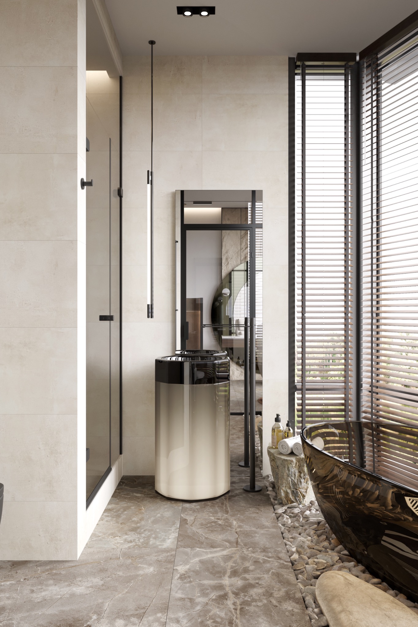 Nowoczesna łazienka z wolnostojącą, grafitową wanną, umywalką na postumencie w odcieniach beżu i czerni, przeszkloną kabiną prysznicową oraz kamienną dekoracją pod wanną i drewnianymi żaluzjami...