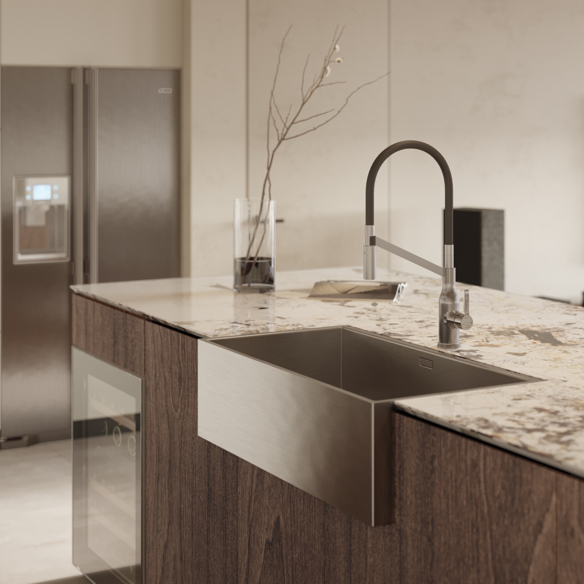 Nowoczesna kuchnia z wyspą: zlewozmywak ze stali nierdzewnej, bateria w kolorze grafitu, blat z marmuru, drewniane wykończenie szafek z wbudowaną chłodziarką do wina, minimalistyczny wazon...