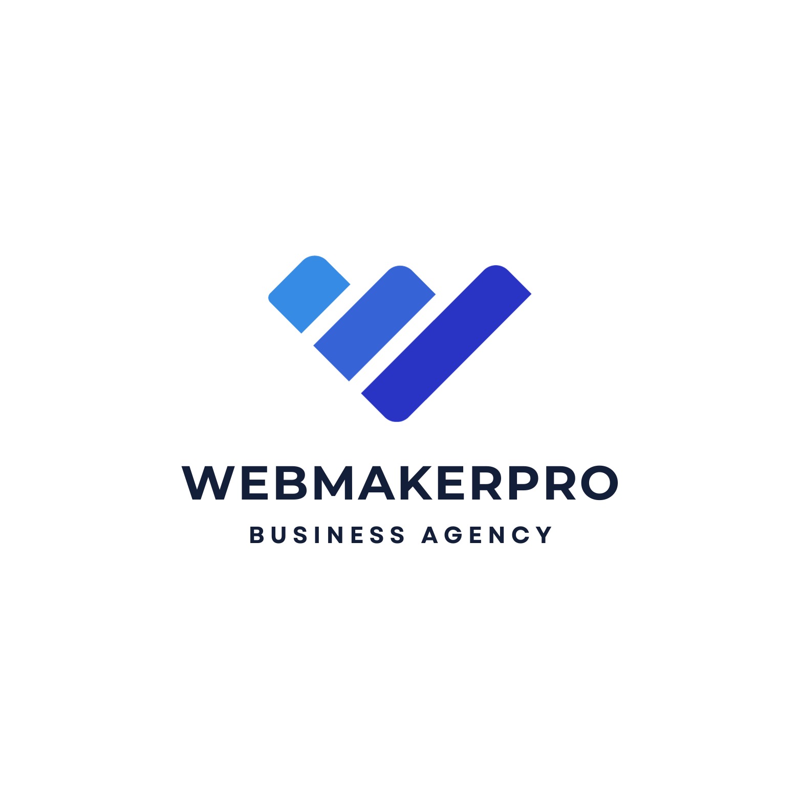 Logo firmy Webmakerpro, przedstawiające stylizowaną literę W utworzoną z trzech zaokrąglonych prostokątów w odcieniach niebieskiego, z napisem 'WEBMAKERPRO BUSINESS AGENCY' poniżej.