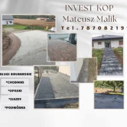 Kompozycja zdjęć prezentująca r&oacute;żne etapy i rodzaje rob&oacute;t brukarskich: przygotowanie podłoża pod kostkę, ułożona kostka na podjeździe, chodnik z kostki przy budynku, schody wejściowe z kostki...