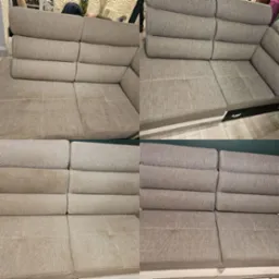 Czteropanelowe porównanie stanu sofy przed i po czyszczeniu, ukazujące znaczną różnicę w czystości i odświeżeniu tkaniny.