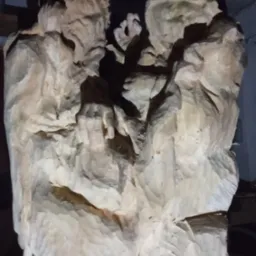 Rzeźba w drewnie przedstawiająca postacie, prawdopodobnie aniołów lub świętych, wykonana w Łowiczu, widoczna w słabym oświetleniu, z wyraźnymi śladami dłuta.