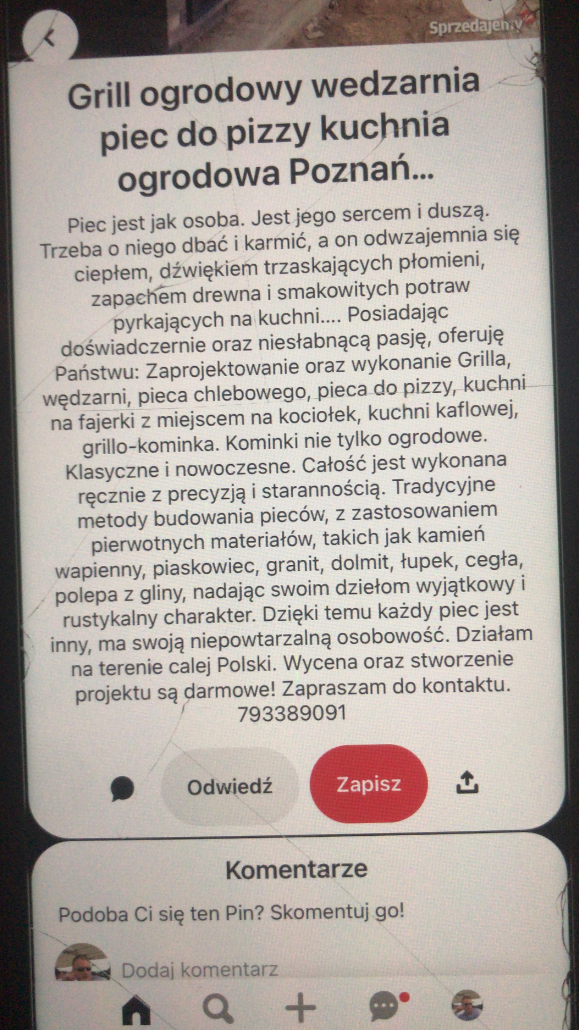 Zrzut ekranu z aplikacji Pinterest przedstawiający reklamę firmy budującej grille ogrodowe, wędzarnie i piece do pizzy w Poznaniu, z tekstem opisującym ofertę i numerem telefonu.