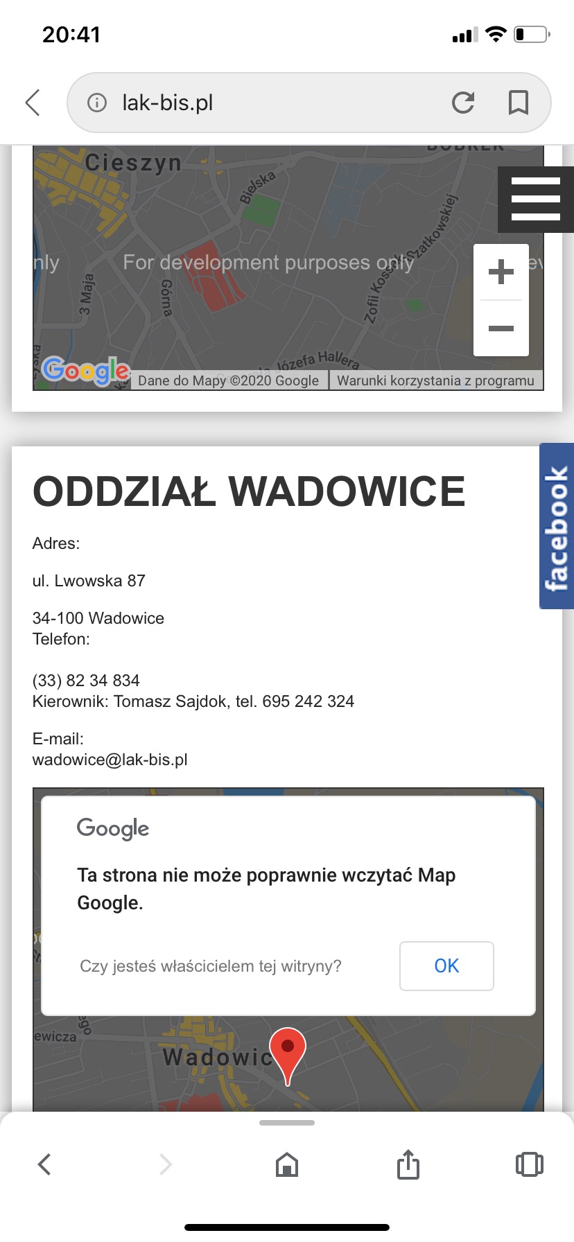 Zrzut ekranu strony internetowej lak-bis.pl z mapą Google przedstawiającą lokalizację oddziału firmy w Wadowicach, z komunikatem o błędzie ładowania mapy.