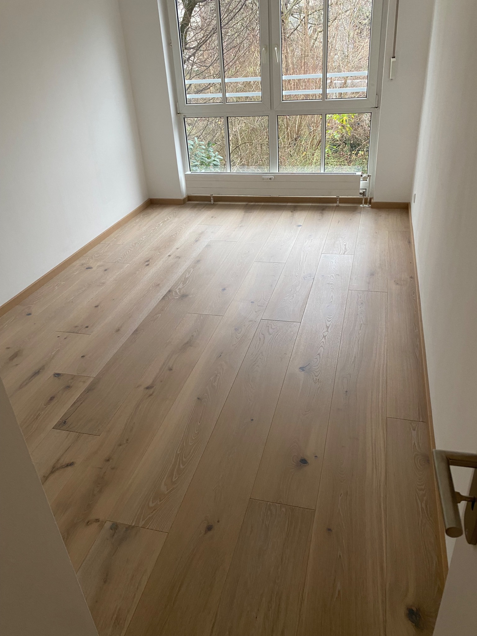 Jasne panele podłogowe ułożone w pustym pokoju z białymi ścianami i oknem z widokiem na drzewa bez liści.