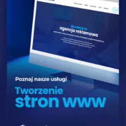 Wyświetlacz monitora prezentuje stronę internetową agencji reklamowej Storilo z ofertą tworzenia stron WWW, widoczne menu nawigacyjne i nagłówek 'Skuteczna agencja reklamowa'.