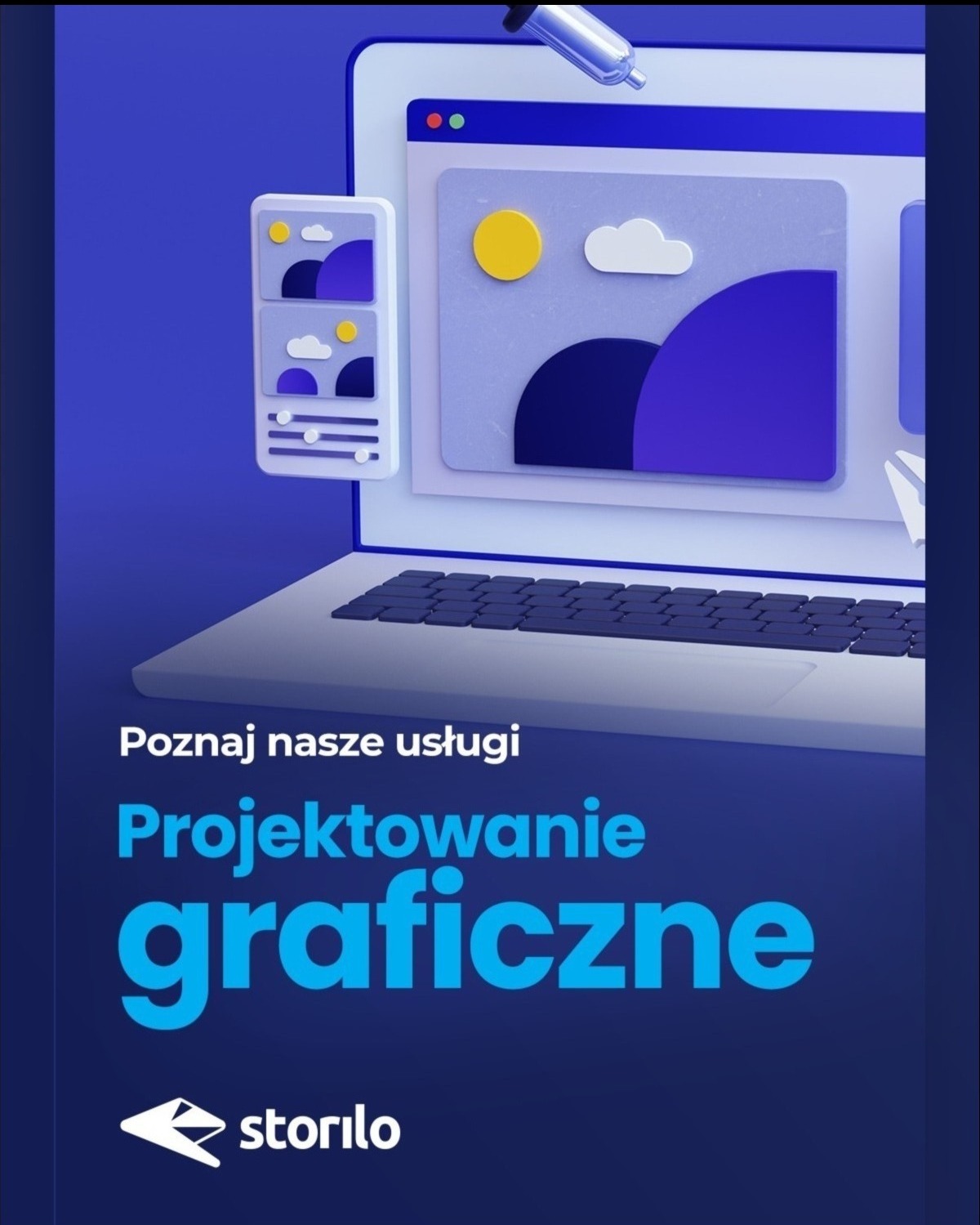 Stylizowany laptop z interfejsem graficznym przedstawiającym słońce, chmurę i górę, obok pływający panel z miniaturkami i suwakami, całość w odcieniach błękitu i bieli, z napisem 'Poznaj nasze...