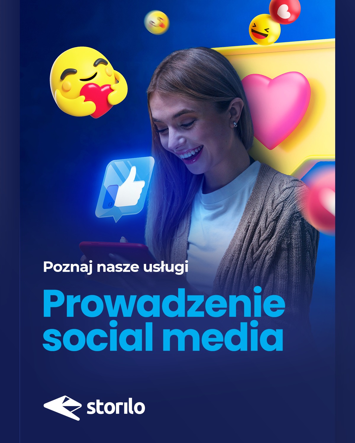 Kobieta uśmiecha się patrząc na telefon, otoczona ikonami mediów społecznościowych i emotikonami, na tle niebiesko-żółtym z napisem 'Poznaj nasze usługi: Prowadzenie social media'.