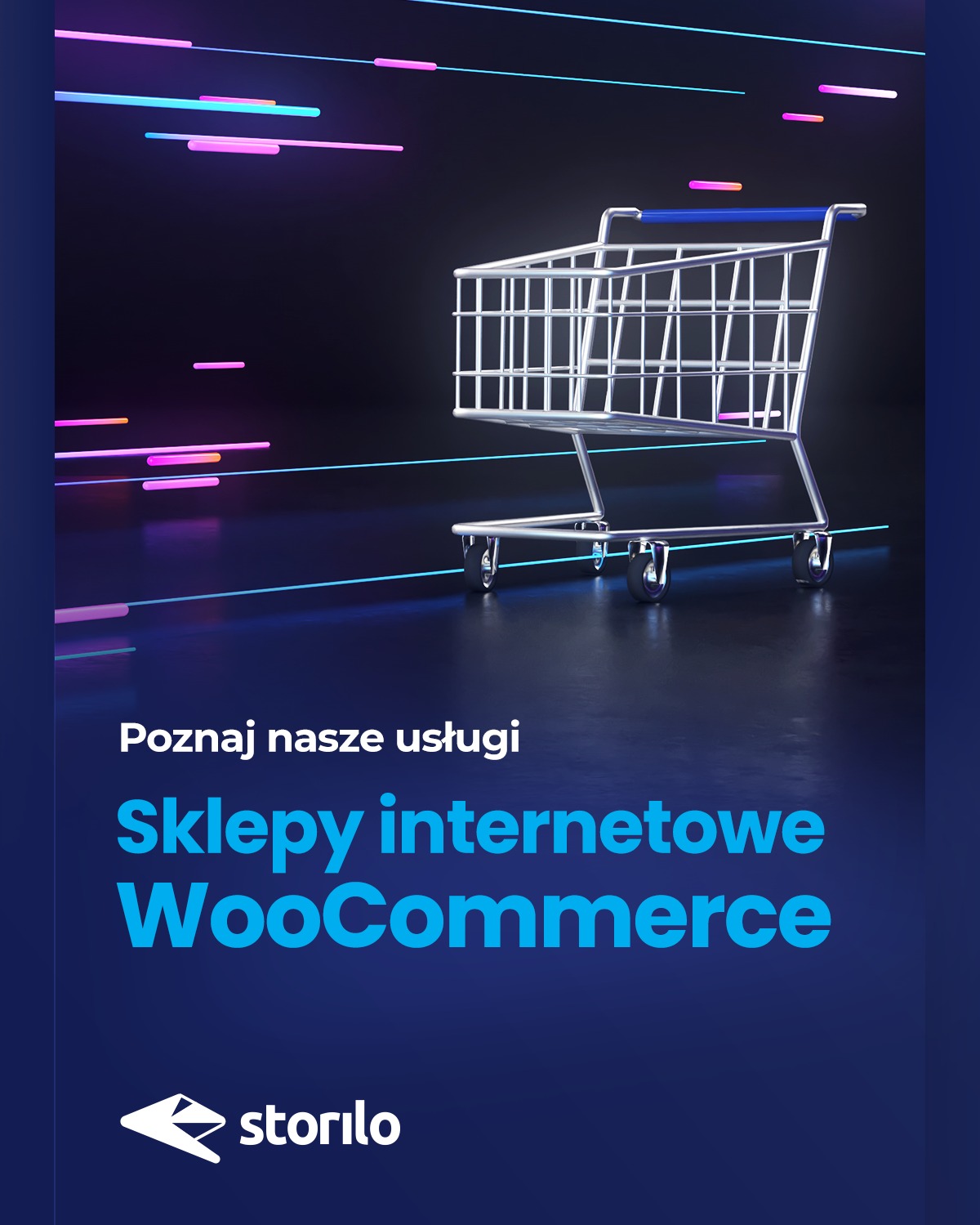 Metalowy wózek sklepowy na ciemnym tle z neonowymi smugami, ilustrujący ofertę sklepów internetowych WooCommerce.