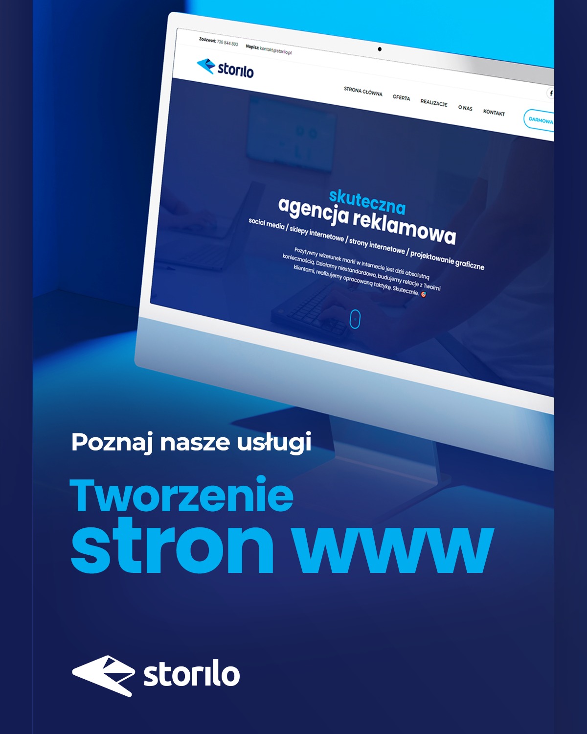 Wyświetlacz monitora prezentuje stronę internetową agencji reklamowej Storilo z ofertą tworzenia stron WWW, widoczne menu nawigacyjne i nagłówek 'Skuteczna agencja reklamowa'.